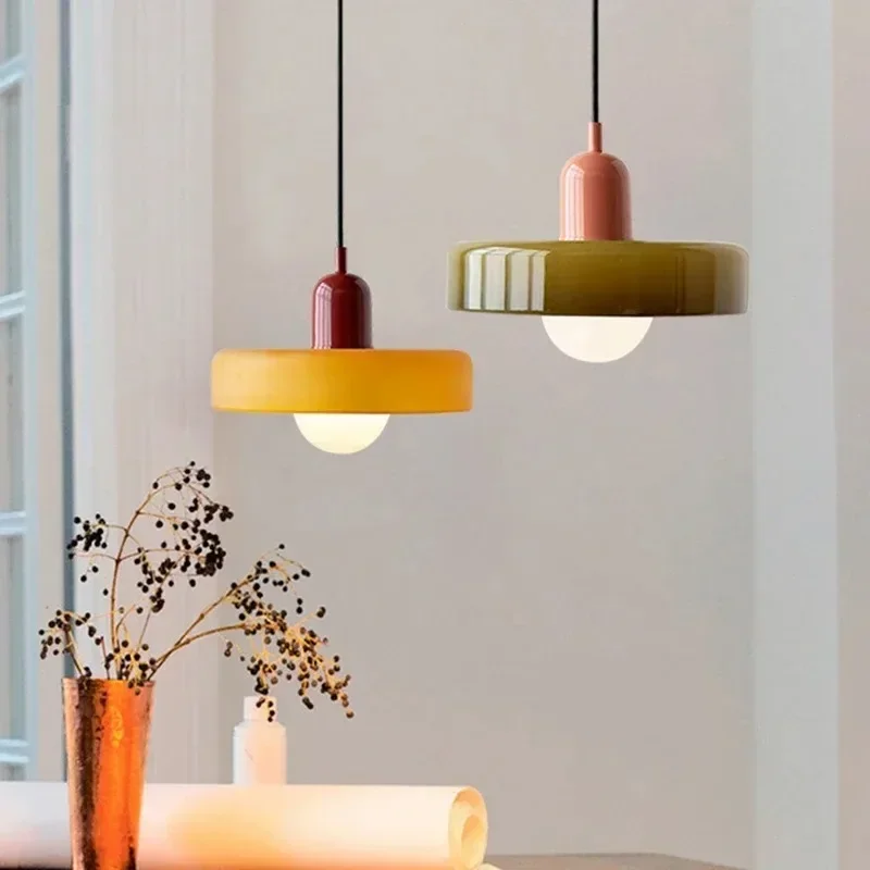 

Modern LED Pendant Lamp Colorful Makaron Glass Chandelier for Bedroom Bedside Retro Hanging Light Home Decor Lustre Lantern