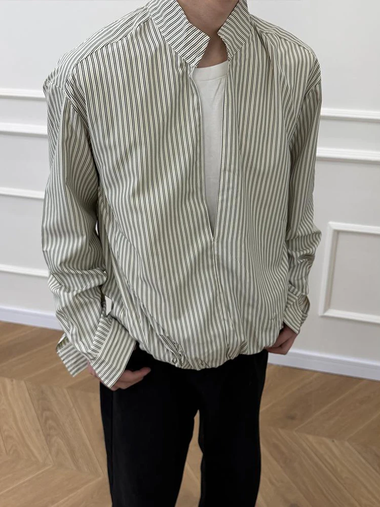 

Khaki Striped V-Ne Long Sve irt Men's Spring Summer Casual Sle Waist-Cinching Outerwear Fake Two-Piece Design