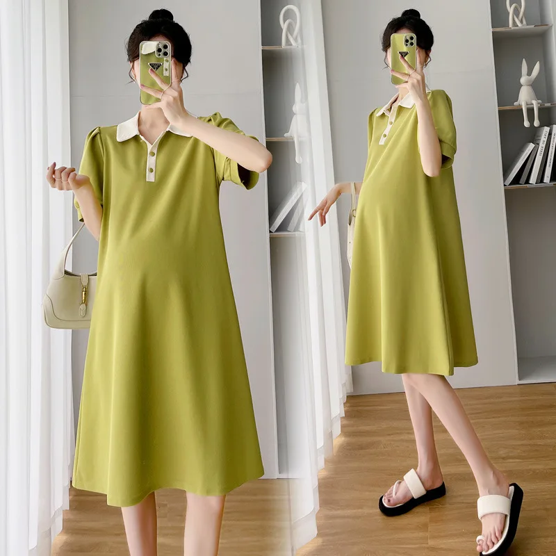 Maternity Summer Polo Dress Loose Women's Style Belly Covering Fashionable Mom Summer High Waist Mini Dress A-Line Skirt