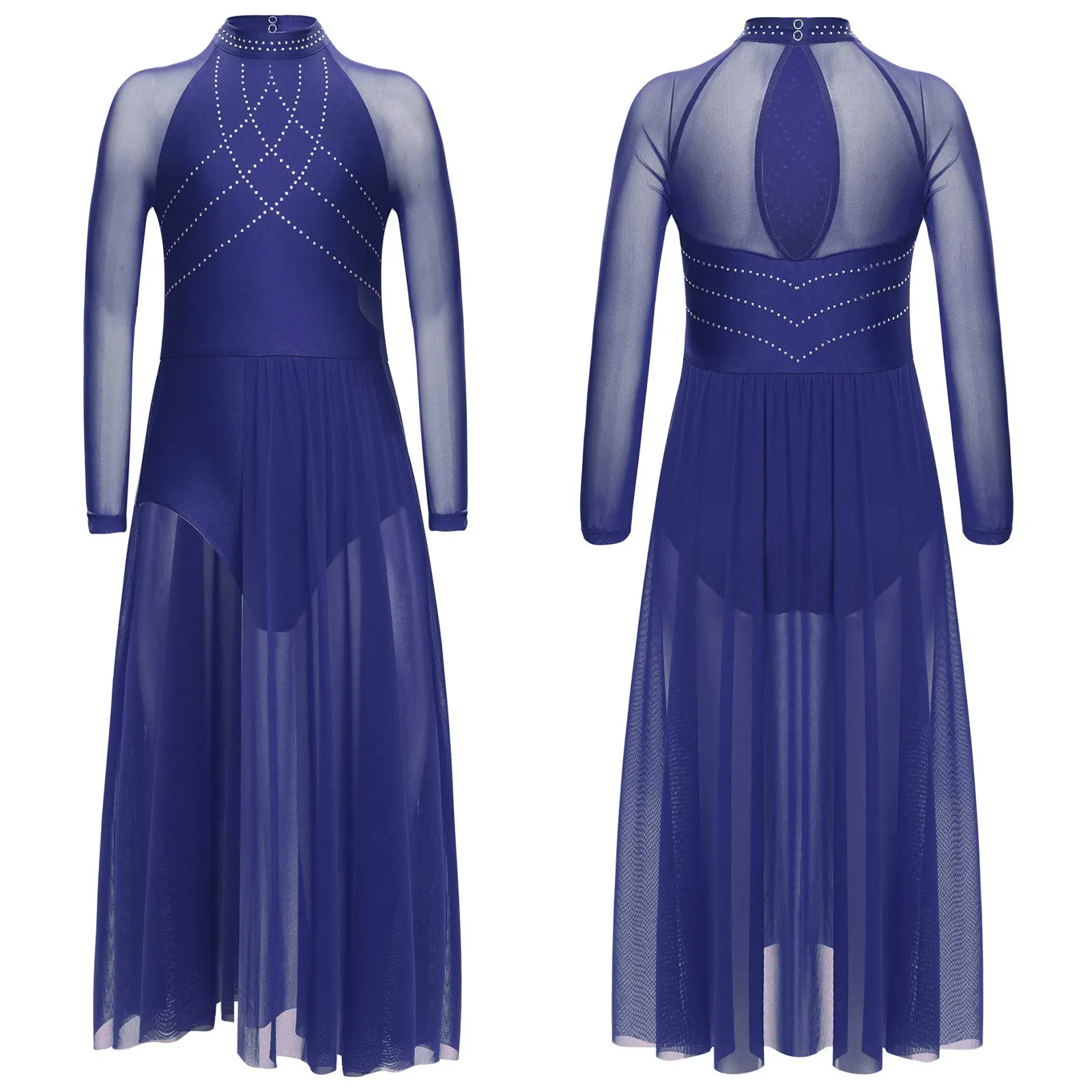 6-16Y الفتيات الغنائية الرقص الشكل التزلج الجمباز أداء زي لامعة الراين بقماش شفاف سبليت فلوي يوتار فستان #2