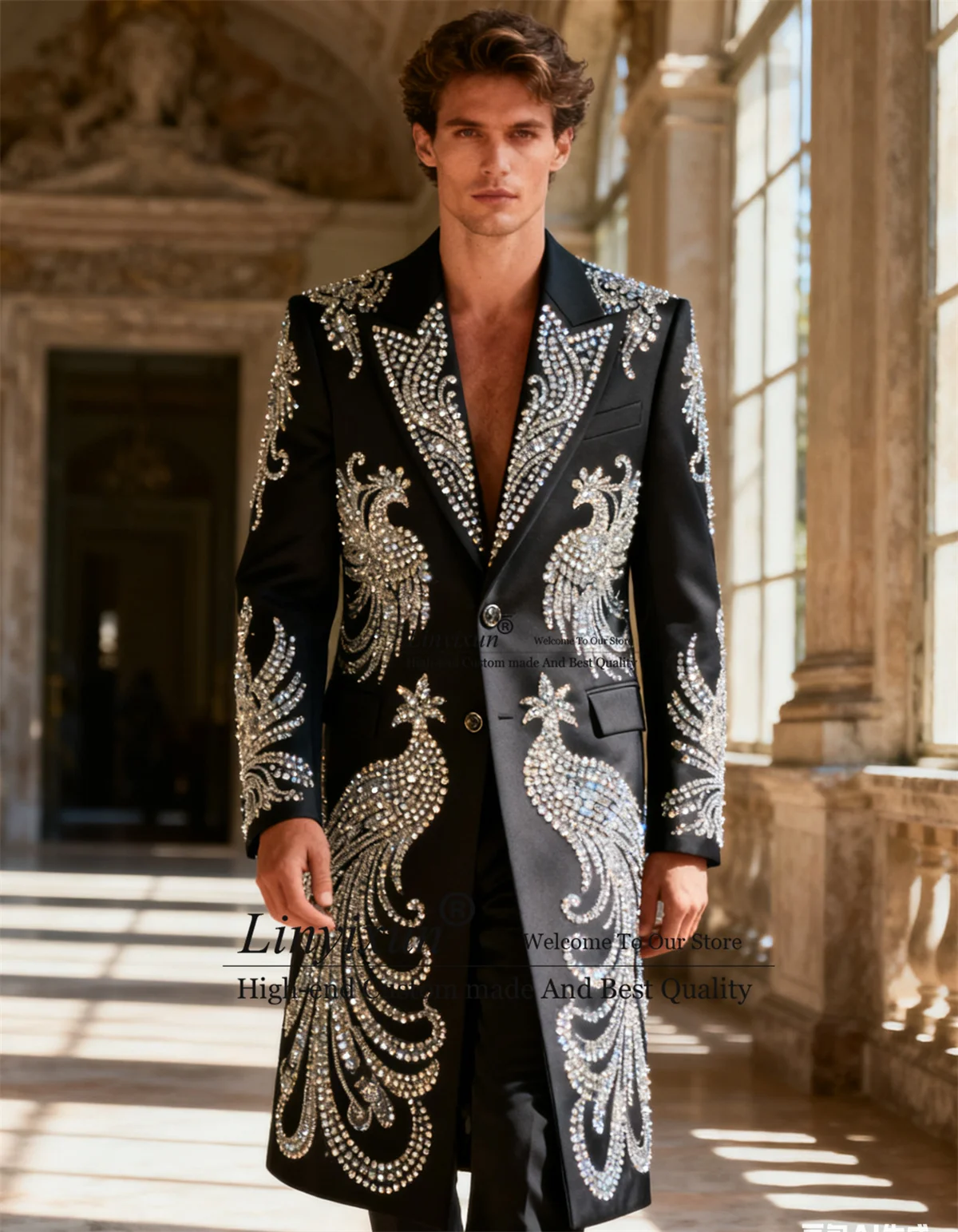 

Длинное пальто, брюки, мужские костюмы, индивидуальные смокинги со стразами, комплекты из 2 предметов, тонкий пиджак для жениха, костюм для свадебной вечеринки, Homme