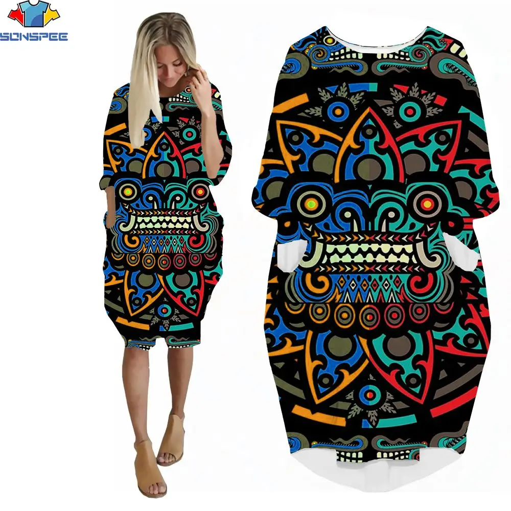 SONSPEE-vestido de estilo Retro para mujer, caleidoscopio con estampado 3D de estilo étnico y grafiti, faldas clásicas de bolsillo con cuello redondo, Supernatural y misterioso