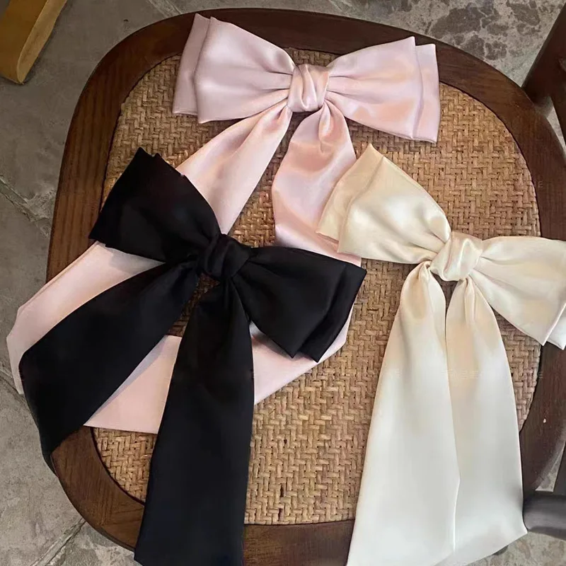 New Korean Super Long Satin Bowknot Hair Clips Women Elegant Scarf Bow Barrettes Bride Hair Grips Solid Ponytail Holder Headwear