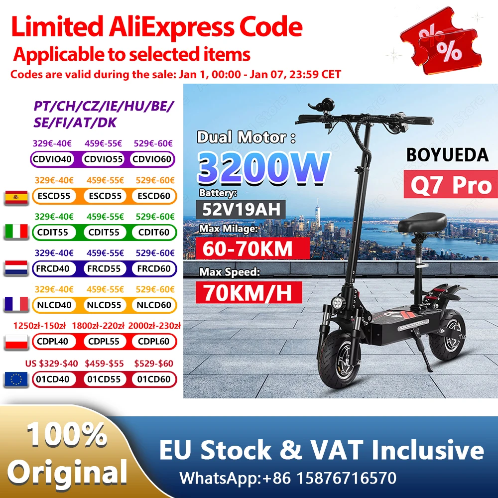 BOYUEDA Q7Pro Trottinette Électrique Pour Adultes Avec Double Motorisation 3200W Et Batterie 52V19AH Pneu Silencieux De 10 Pouce