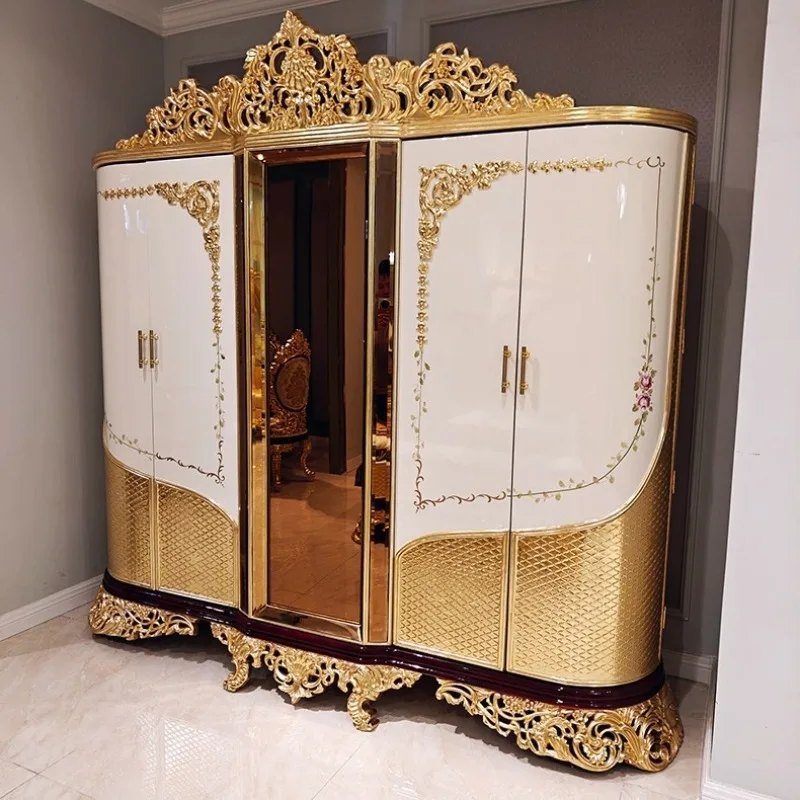 French Solid Wood Wardrobe Not White Swing Door Locker Hand-painted Art Gold Foil High-end