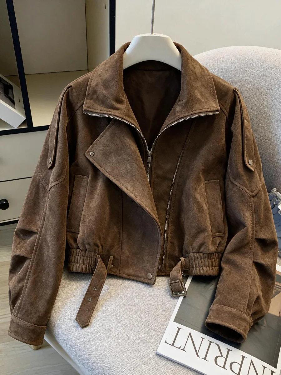 Retro Short Jacket Women's Zipper Biker Style Autumn New Small Size Cool Jacket Trendy Commute Style Waist-Cinching Polyester...