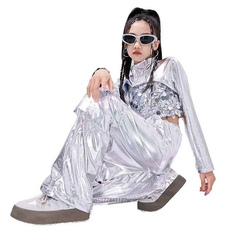 

Girls' Jazz Dance Costumes, Silver Sequins, Trendy and Cool Street Dance Costumes, Children's Jazz Runway Performance Costumes
