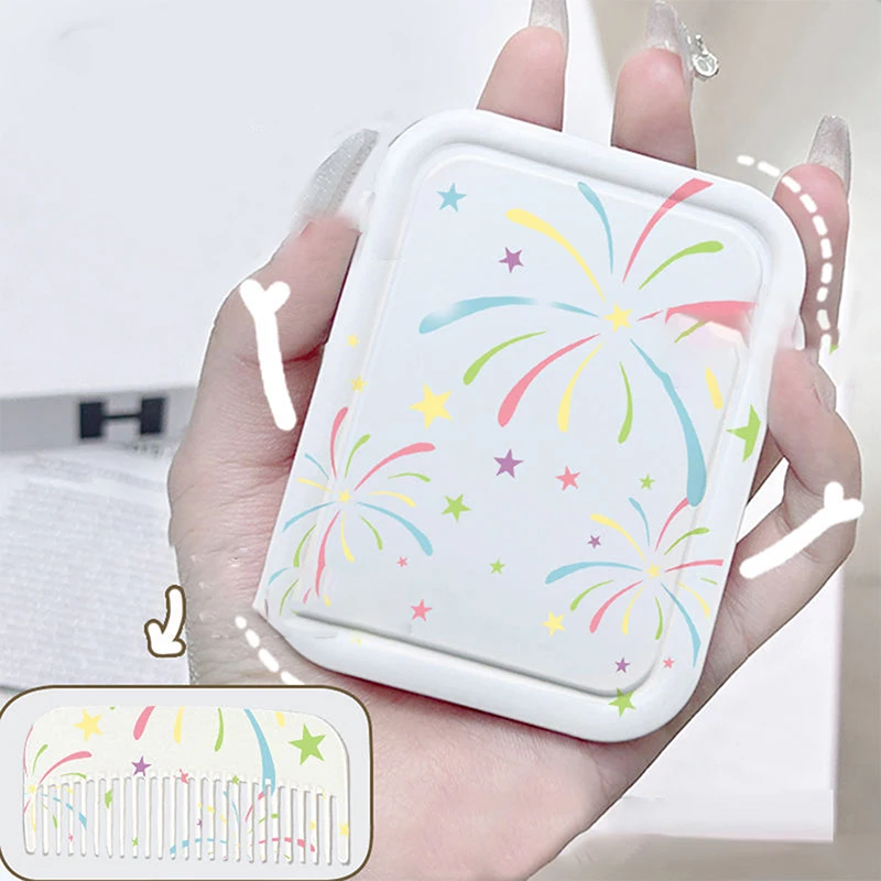 Mini specchio per trucco pieghevole con fuochi d'artificio colorati con pettine portatile carino per mini specchio per trucco portatile da donna