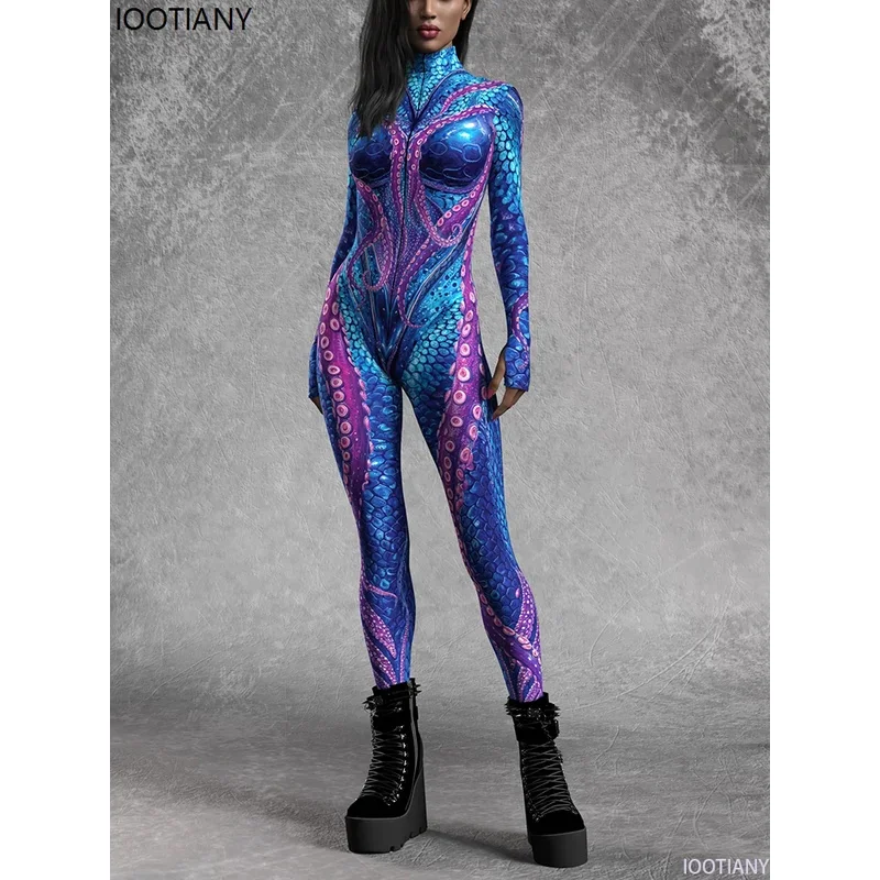 Monos sexis con estampado de pulpo para mujer, monos de fiesta temática de animales marinos, monos únicos de monstruo marino, traje Rave Zentai, nuevo