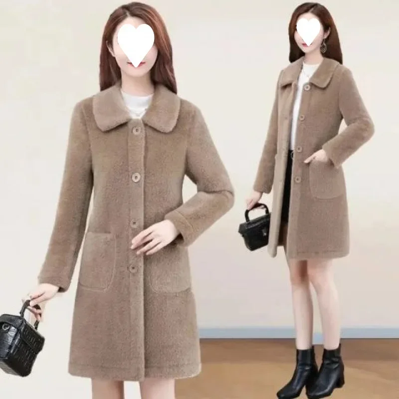 Chaqueta elegante de terciopelo de cordero de longitud media, abrigo de invierno para mujer, abrigo de mujer de moda de estilo coreano de talla grande, poliéster grueso F