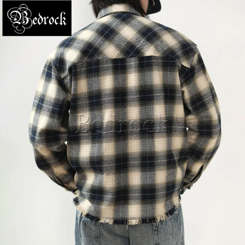 MBBCAR Vintage Plaid Shirt For Men One Washed Distressed Loose Shirt Jacket Fake Pocket Decoration Work Overshirt