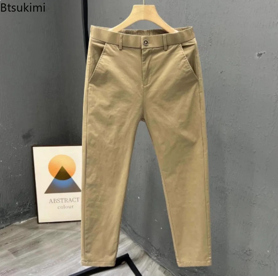 2025 Men's Solid Casual Trousers Summer Trendy Loose Thin Cotton Small Straight-leg Pants Fashionable Business Cropped Pants