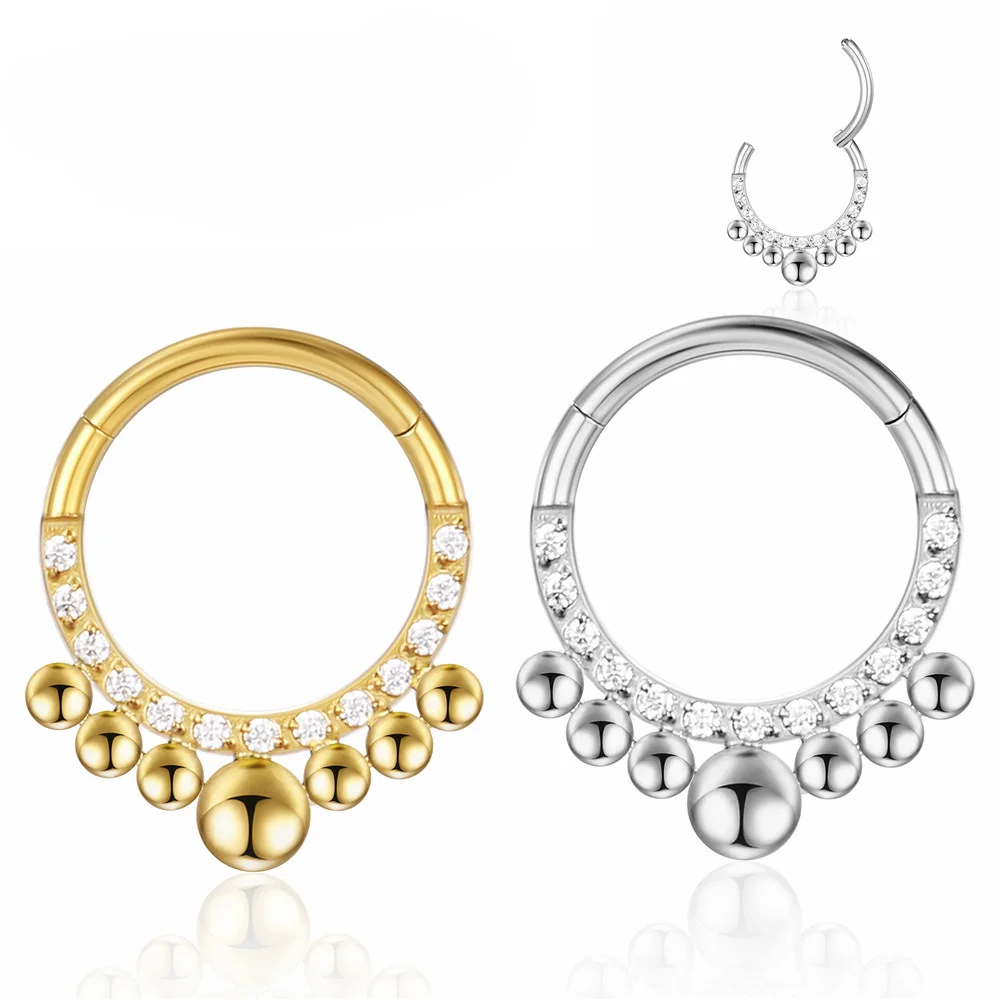 F136 Titanium Nose Piercing Hinged Bead Hoops CZ Stone Rings