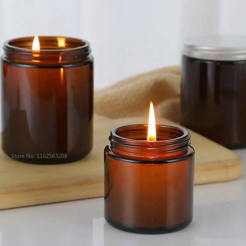 100/200ml Creative Brown  Diy Candle Empty Cups With Lids  Glass Jars Bottle Handmade  Dessert Scented Candles Glass Empty Jars