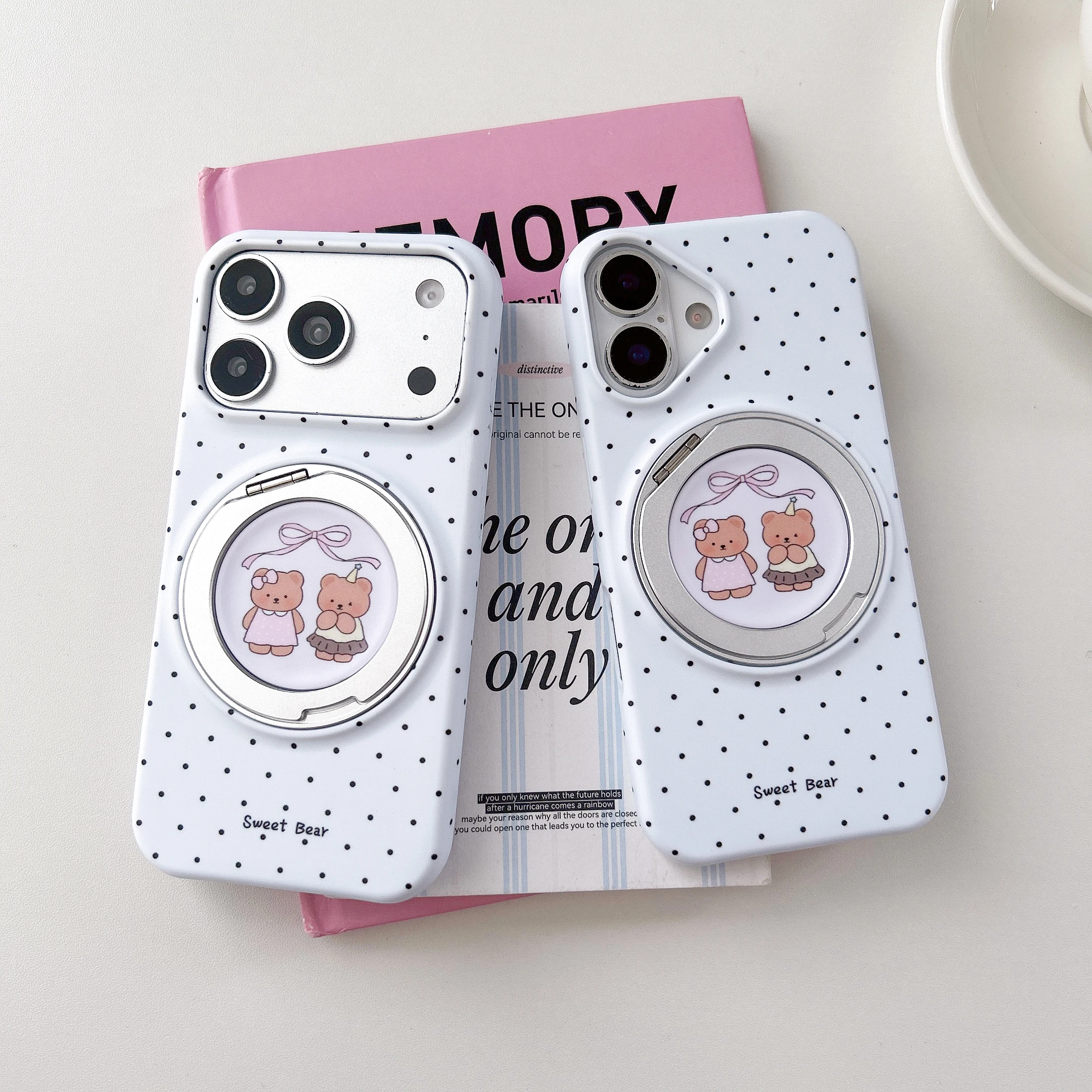Kawaii Sweet Bear With Magnetic Phone Case For iPhone 17 16 15 Pro Max Mini Black Dots Background Letter Print Protective Cover