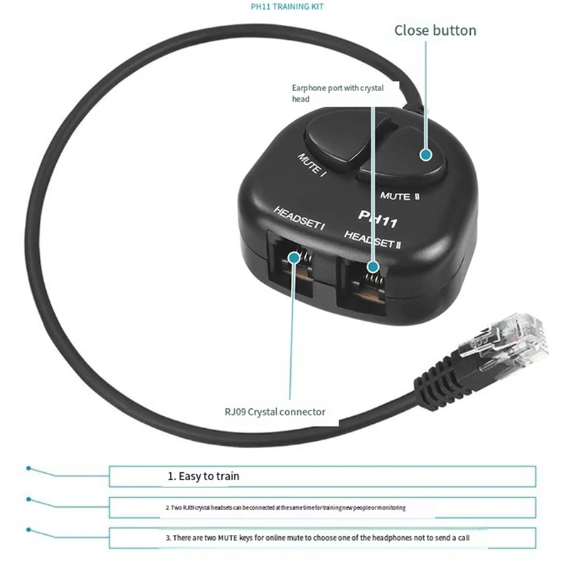 FORW-TWO Mute Switch Training Adapter Dual RJ9 Sockets To RJ9 Headset Male Plug For Call Center Headset Training Adapter 4P4C