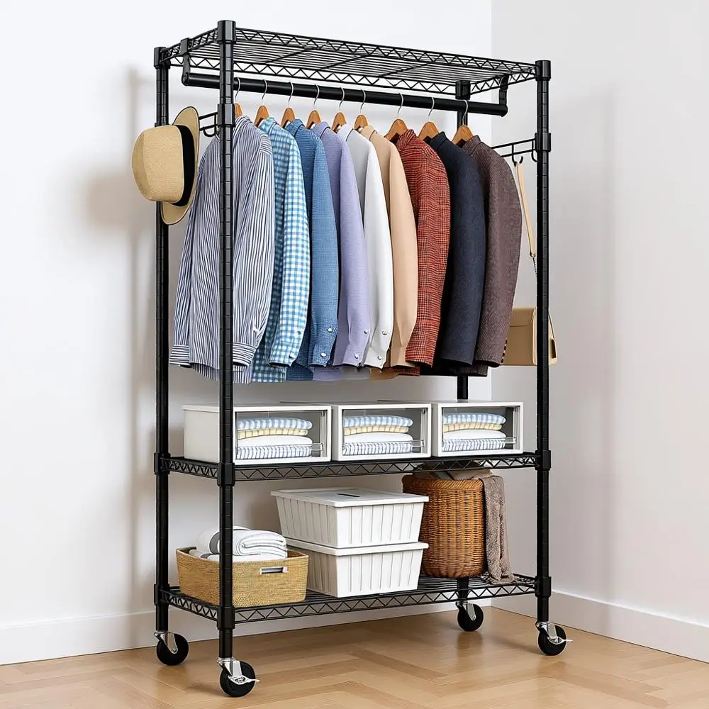 

Heavy Duty Rolling Garment Rack 3 Tiers Adjustable Wire Shelving Clothes Rack with Rods and Side Hooks, Storage Closet Clothing