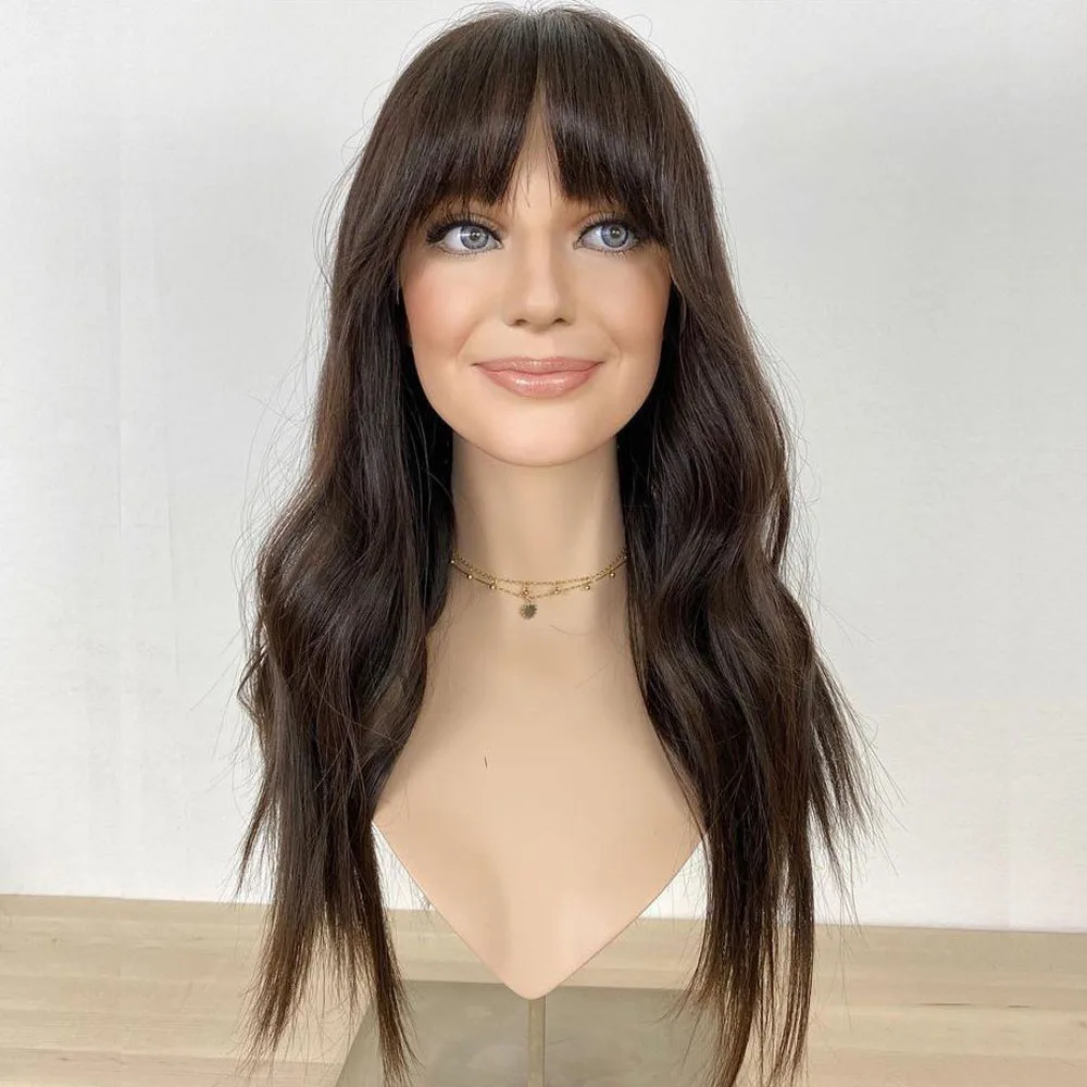 Brown Virgin Human Hair Jewish Wig with Bangs Hand Tied Soft Lace Top Wig Natural Body Wave HD Lace Front Wig  for Women