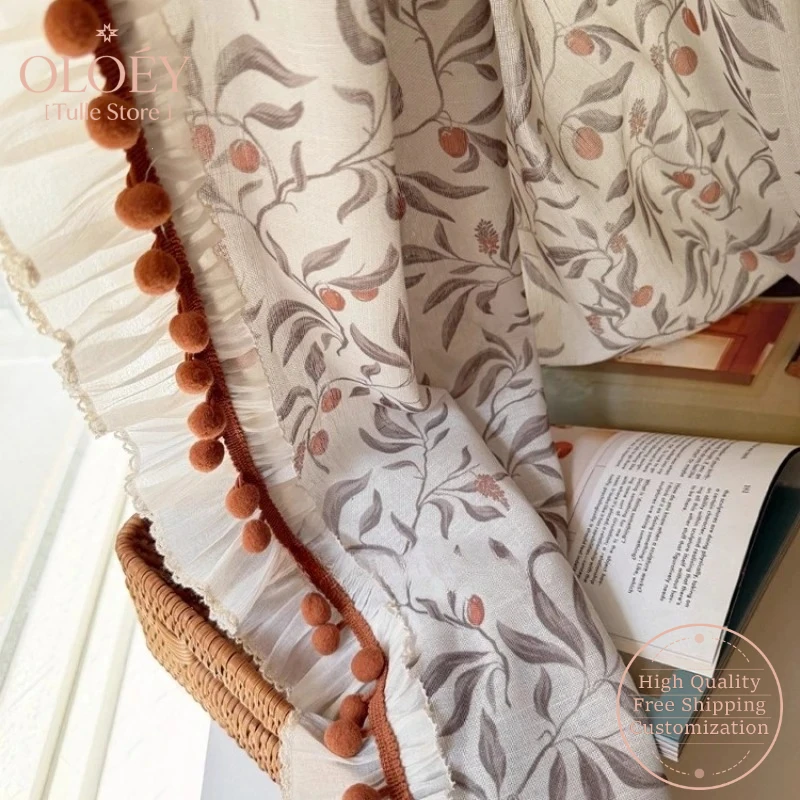 

French Provençal Beige Curtains Vintage Floral Print Sheer Gauze Drapes for Bedroom Artistic Light Filtering Rustic Farmhouse