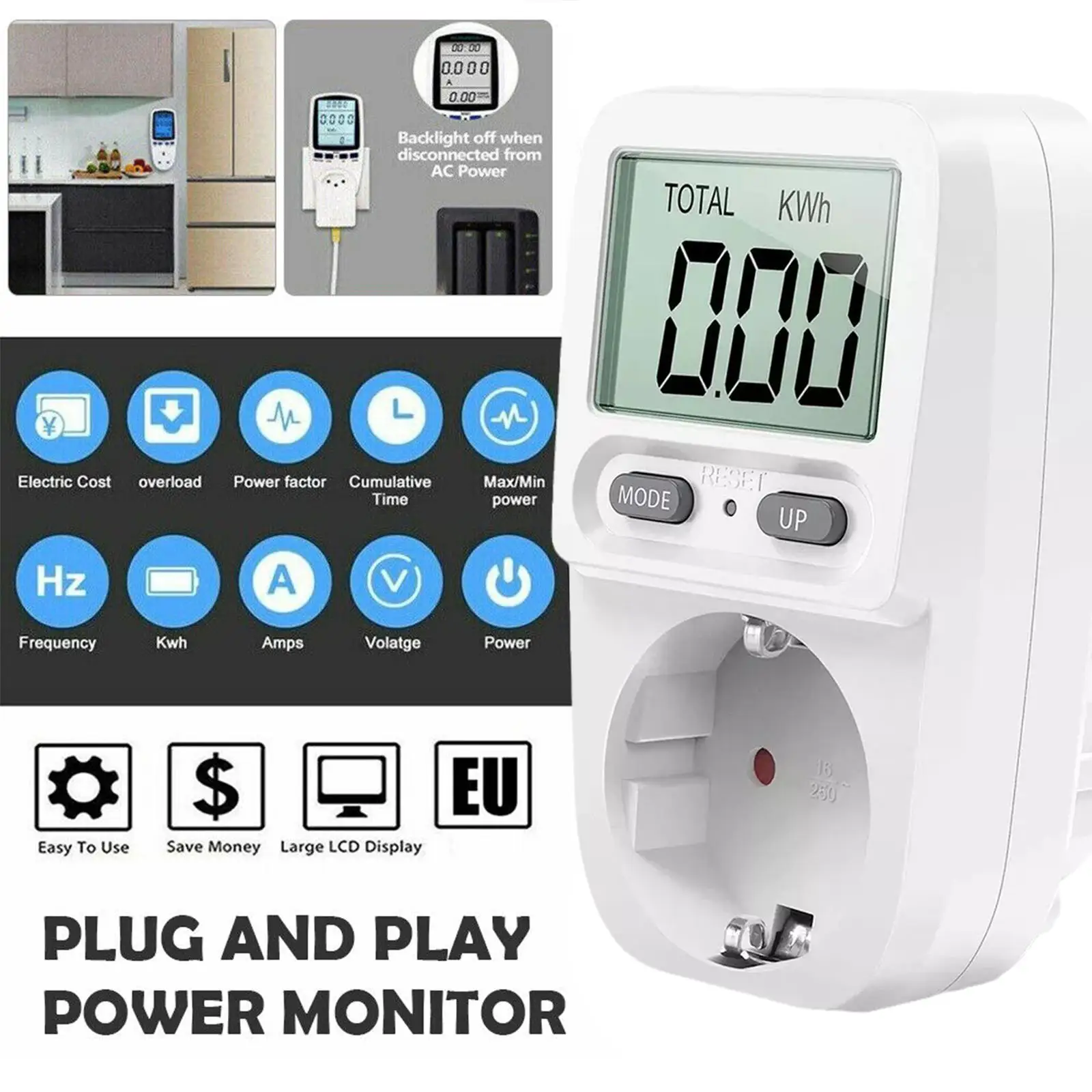 230 فولت الاتحاد الأوروبي 50 هرتز الرقمية LCD السلطة متر Wattmeter المقبس القوة الكهربائية كيلو واط ساعة مقياس الطاقة قياس المخرج الطاقة محلل