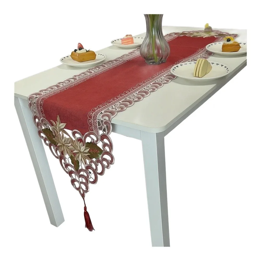 Embroidered Christmas Table Scarf with Hollow Edge Design and Hanging Tassel for Holiday Dining Table Decoration