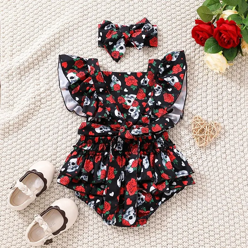 Summer Newborn Baby Clothes Rose Skull Pumpkin Sweetheart Flying Sleeves Triangle Romper Jumpsuit