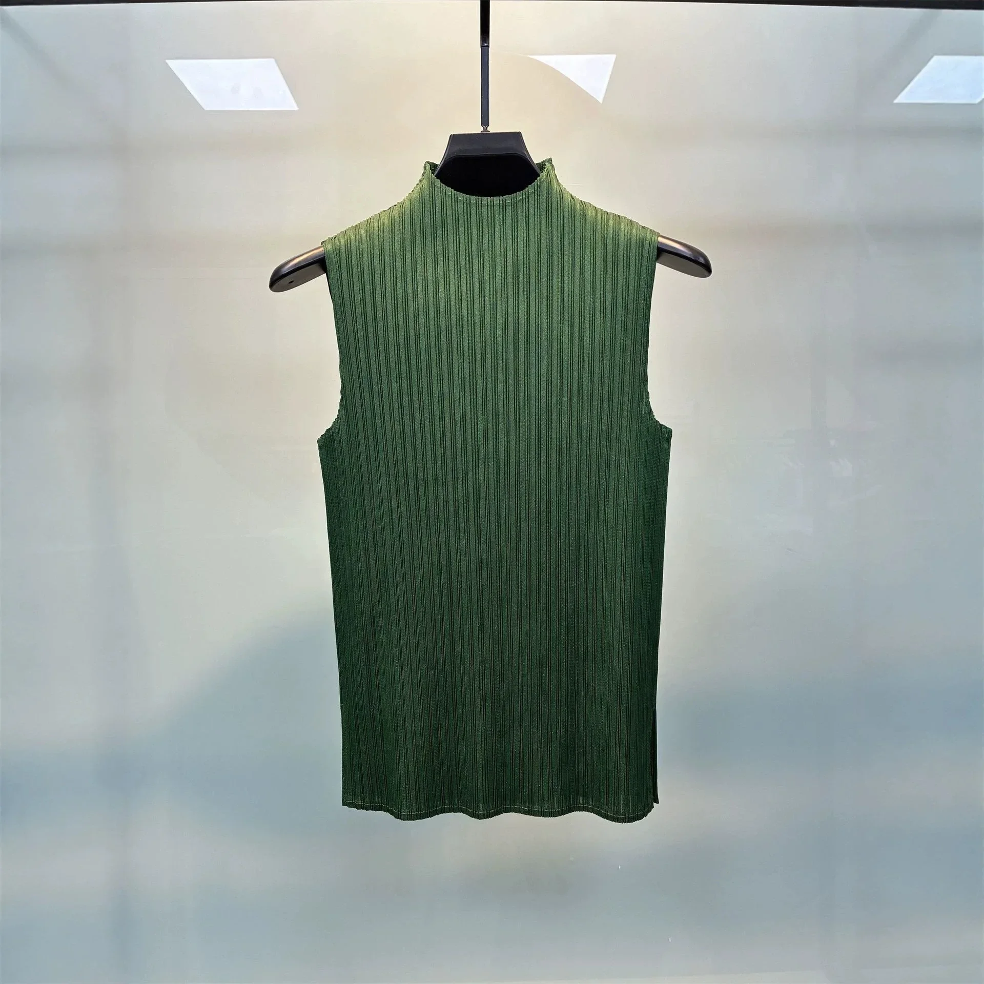 Miyake Women Cream Vertical Ribbed Mock Neck Top, Sleeveless Slim Fit Blouse, Stretch Knit Casual Tank