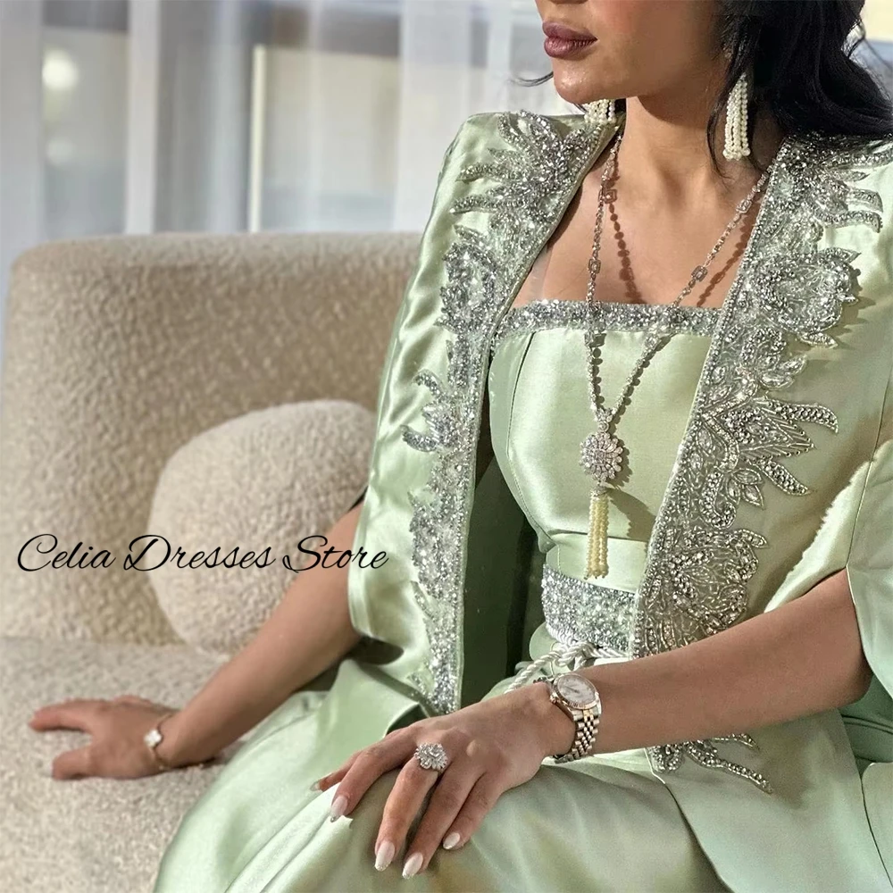 Luxury Green Satin Evening Dress Customized Elegant Strapless Homecoming Dresses Sparkly Crystal Beading Formal Occasion Gowns