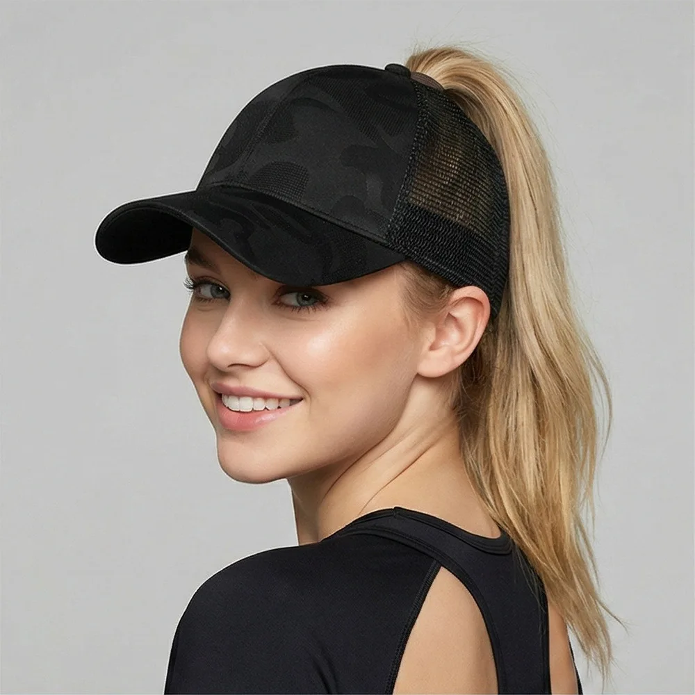 

Summer camouflage baseball cap for women with loose ponytail, breathable mesh cap for outdoor sports, sun protection and shade headgear