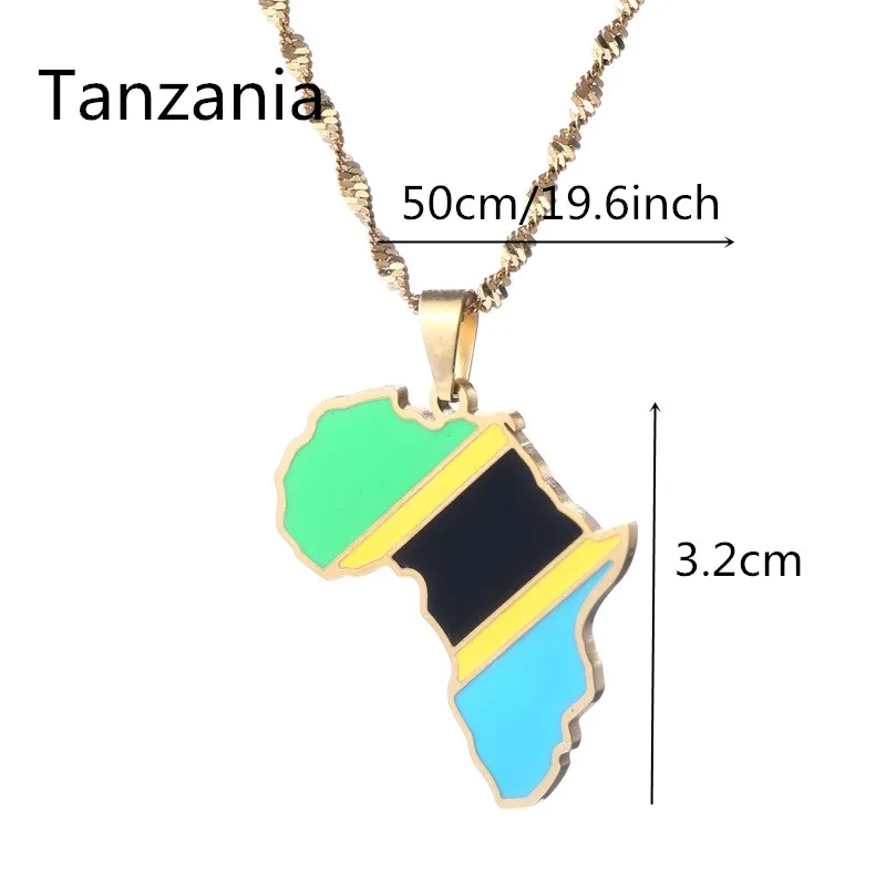 Africa Map Flag Pendant Necklace Gold Color Stainless Steel Tanzania African Jewelry Gift