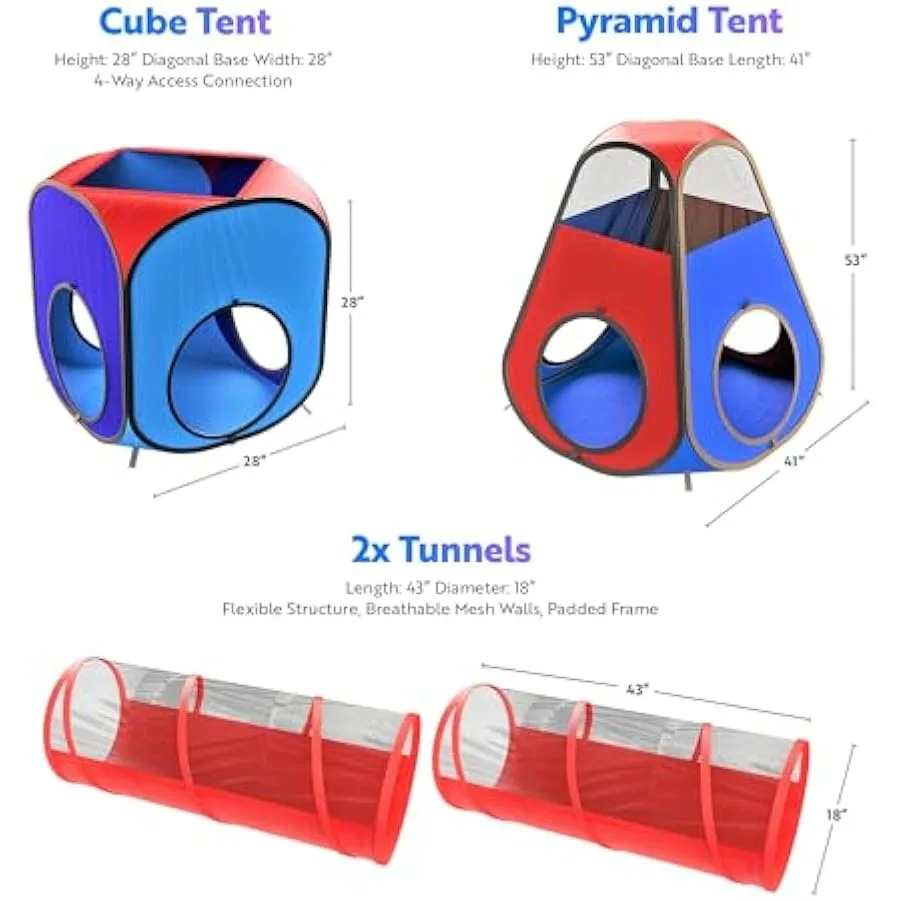 Playz 4pc Pop Up Play Tent and Tunnel Bundle for Toddlers and - Indoor and Outdoor Playhouse with Storage Bag Red and Blue