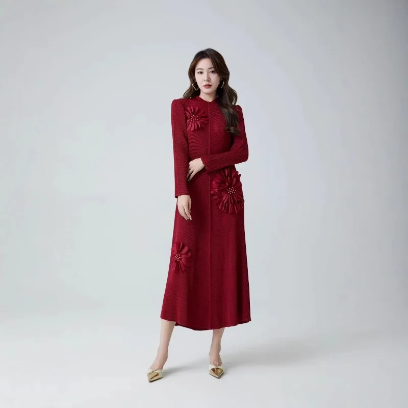 2025 Miyake Plissee-Kleid für Damen, dreidimensionale Perlenblumen, Übergröße, lässig, locker, elegant, langes Kleid, Naher Osten, Abschlussball