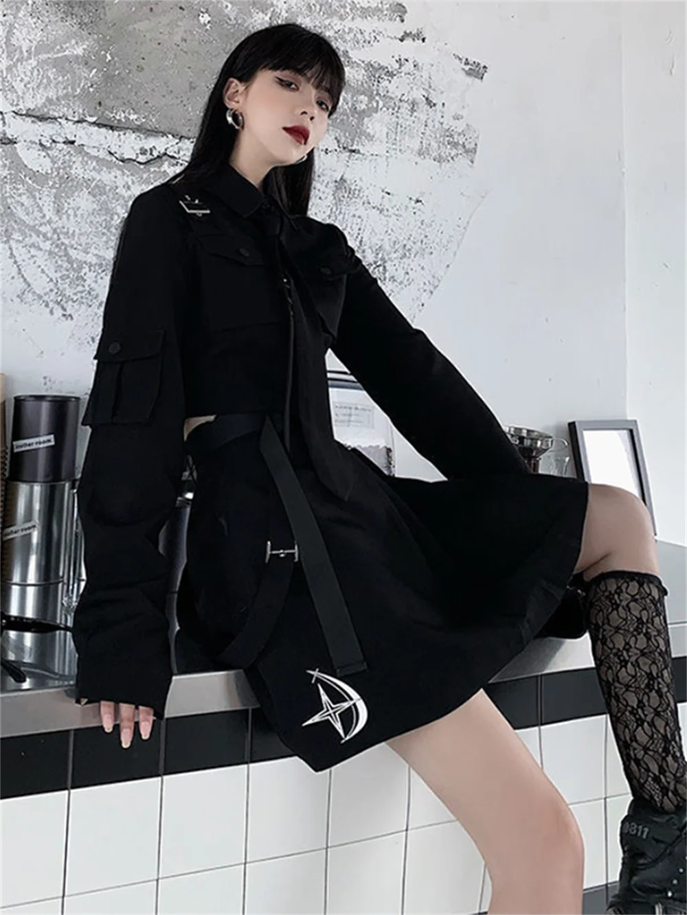 Japoński JK Goth spódnica 2 sztuk koreański 2 sztuka garnitur Punk Oversize 4XL zestaw Academia estetyczne spódnice czarny Kawaii Kpop Emo Alt 2pc