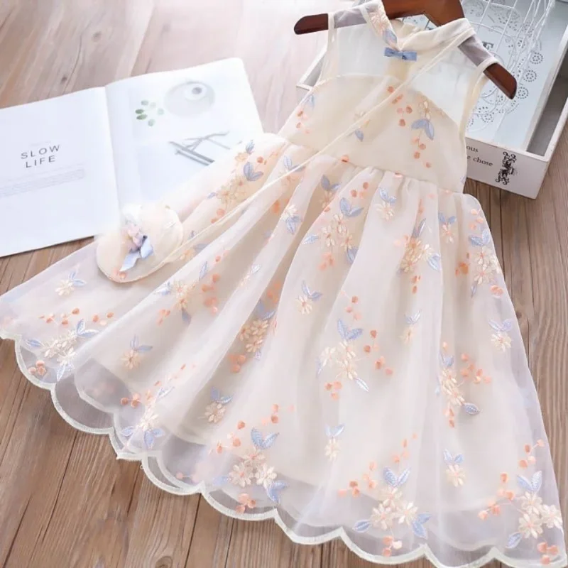 2024 Girls\' One-piece Dress Chinese Dress Cheongsam Children\'s Retro Gauze Skirt Baby\'s Summer Skirt 12+y Kids Clothes