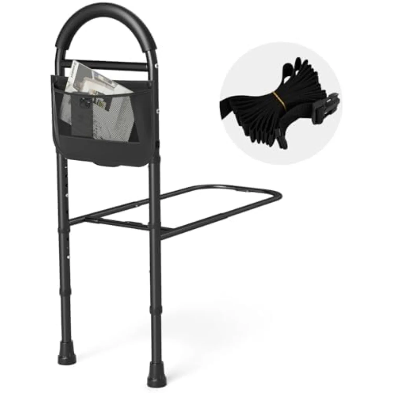 Bed Rails for Elderly Adults Safety, Height Adjustable Bed Cane w/Support Legs, Non-Slip Handle, Storage Pocket, Fixing