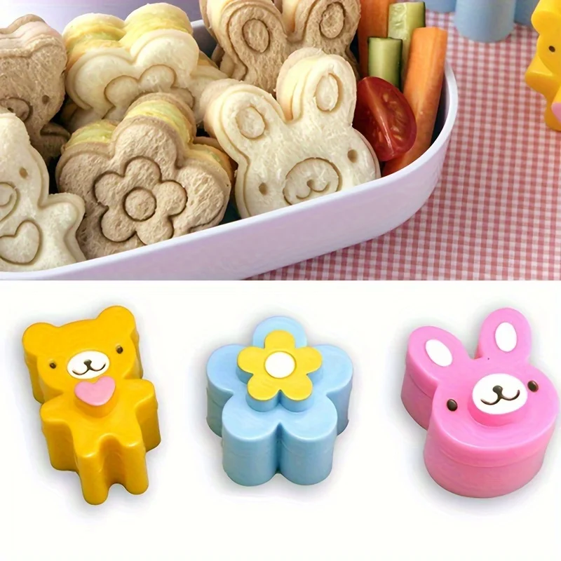 3pcs Sandwich Cutters Cookie Bread Mold Rabbit Panda Flower Bento Box Decorating Tools Kitchen Gadgets
