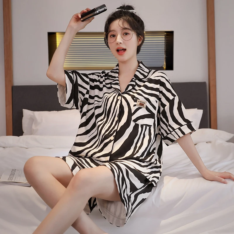 

Women's Cotton Pajamas Two-Piece Female Short-Sleeved Pyjamas Summer Thin Large Size Leisure Homewear Suit Cardigan Pjs Dropship