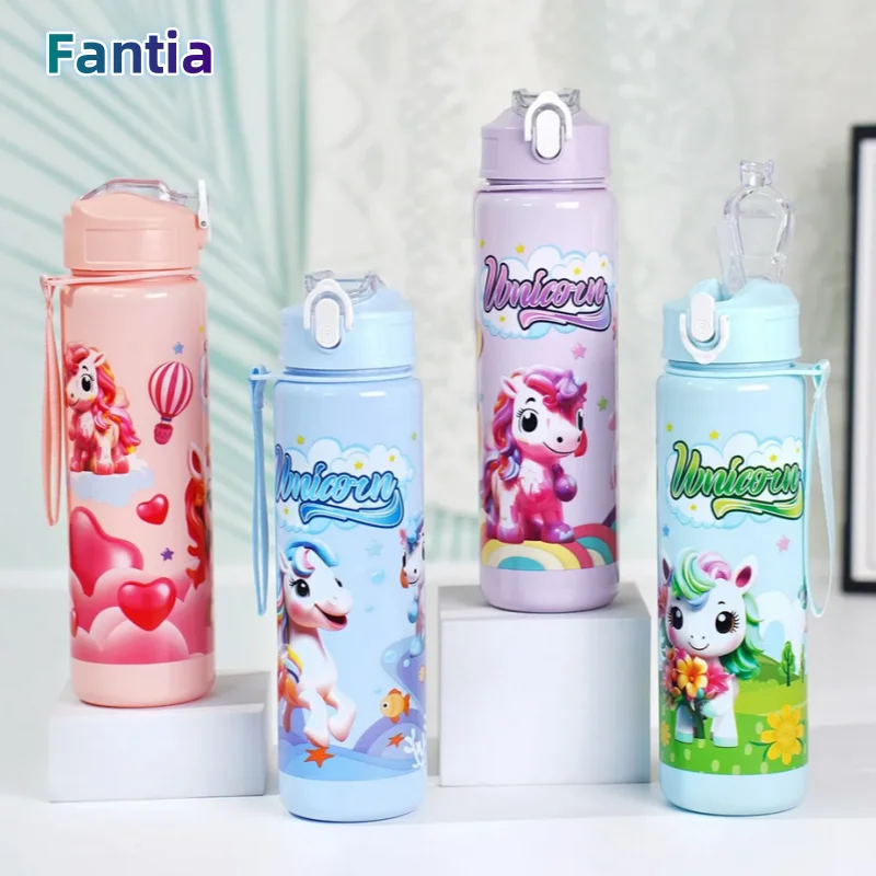 

Solid Color pony Water Bottle 750ML with Straw Cute Cartoon Water Cup for Kids camp Drink Bottle