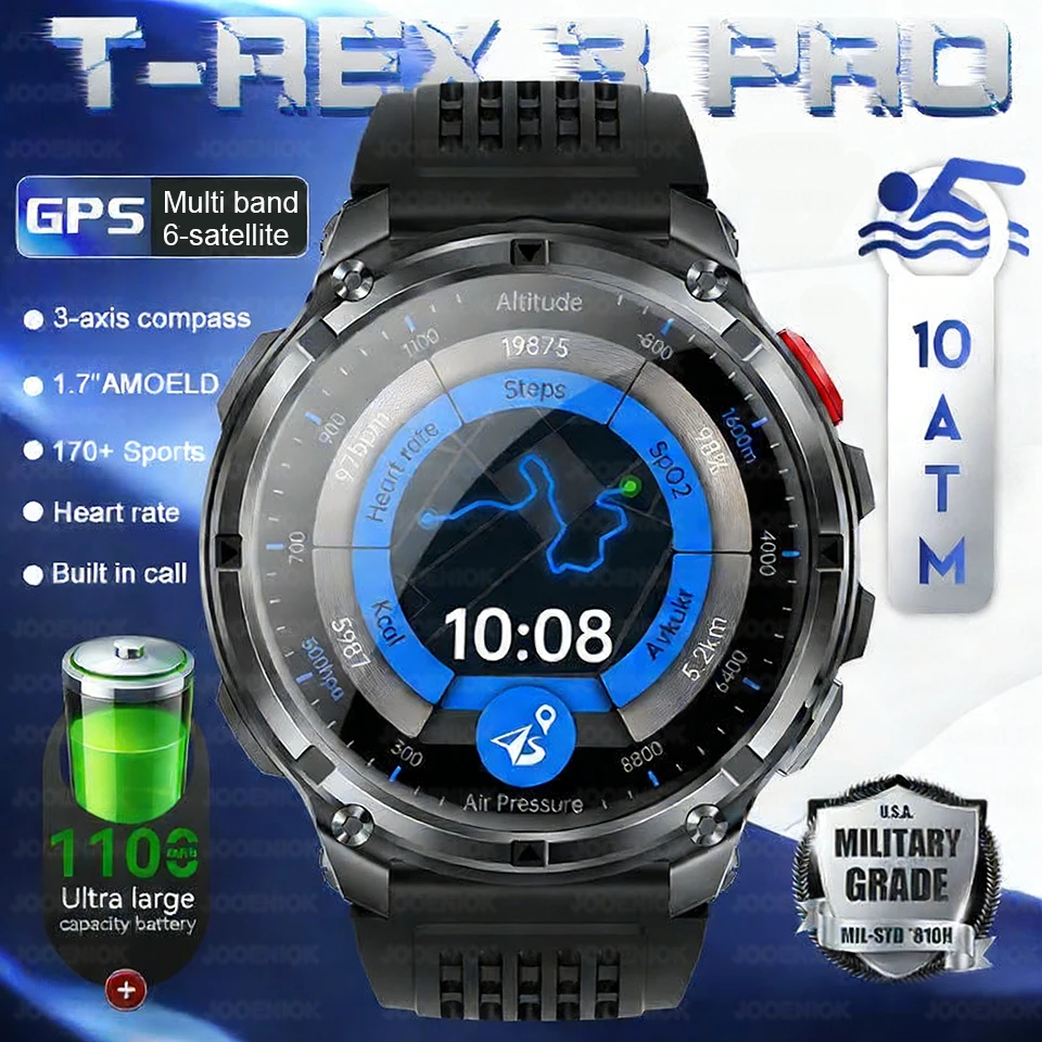 

New T-REX3 Ultra 1100mAh Battery SmartWatch GPS Compass 10ATM Waterproof Flashlight 1.7" AMOLED HD Call Sports Smart Watch Men