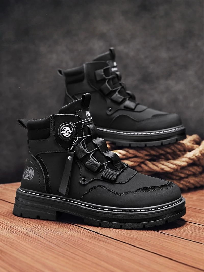 

Men's Winter Boots Warm Fleece Lined High Top Black Motorcycle Boots Casual Anti-Slip Workwear Shoes British Style
