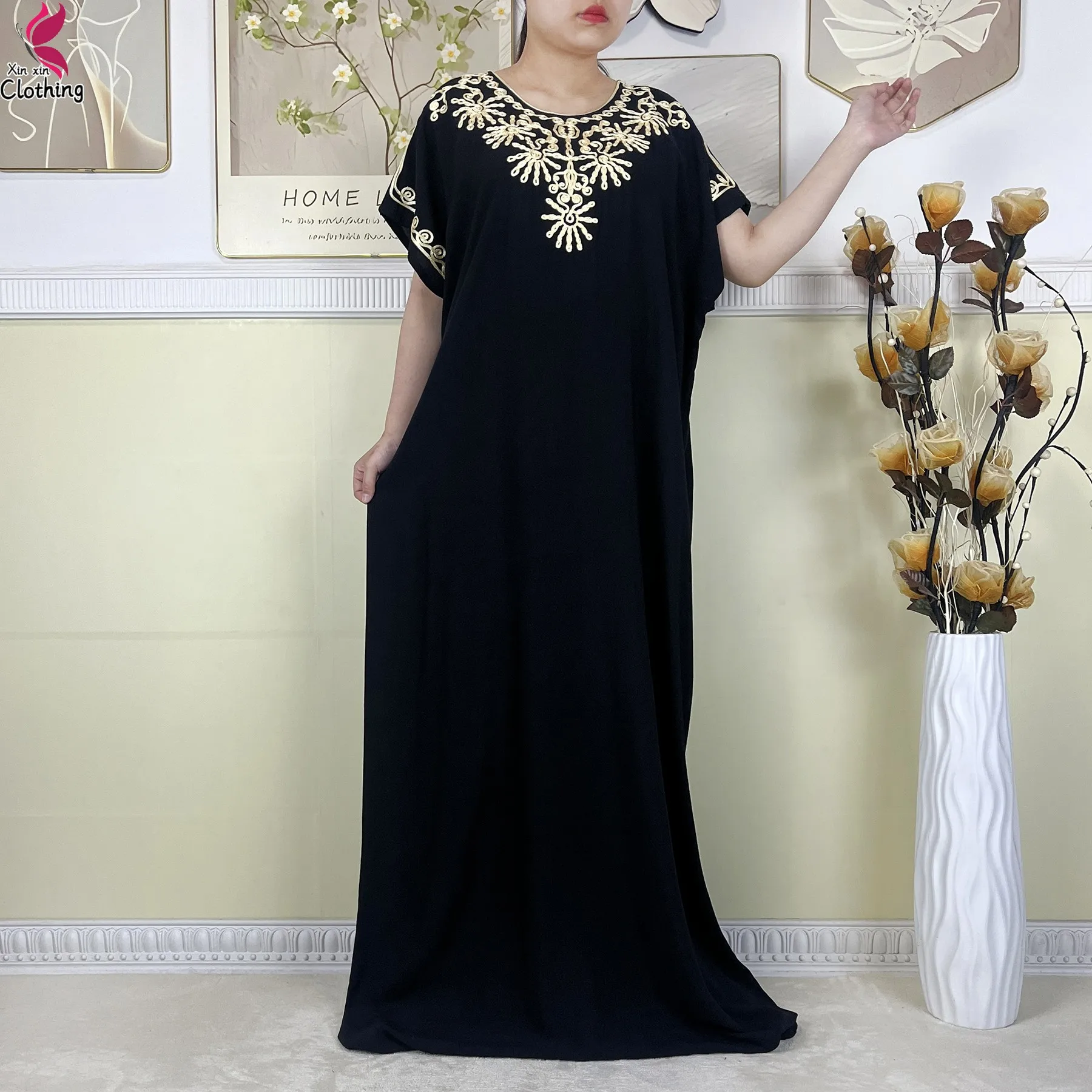 Neue Baumwolle Abaya Dubai Dame Maxi Robe Stickerei Lose Türkei Kaftan Islamische Kleidung Muslimischen Afrikanischen Für Frauen Kleid Mit Schal