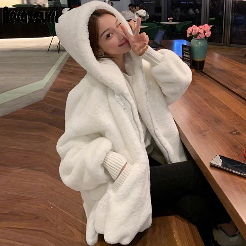 Nerazzurri Winter white oversized faux fur jacket women with hood raglan sleeve zipper Korean fashion clothing for womens 2021