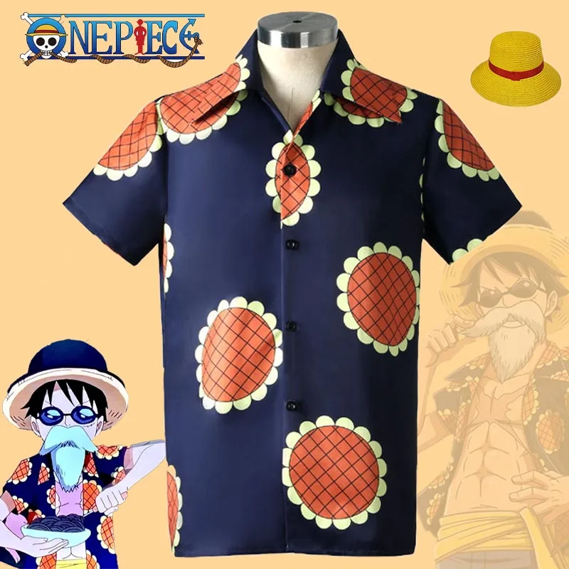 

Anime Luffy One Piece Cosplay Costume Uniform Sunflower Print Shirt Top Hat Adult Men Halloween Carnival Party Disguise Outifits