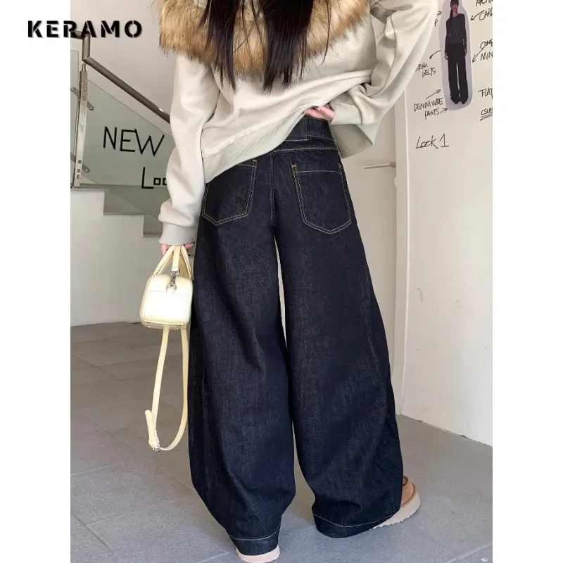 Casual Style Harajuku Jeans Vintage Aesthetic Mop Washed Pants 2025 Autumn Women's Y2K Wide Leg Punk Loose Baggy Denim Trouser