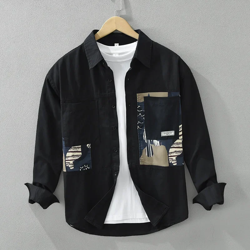 Japanese Style Long Sleeve White Shirt Men Spring Street Casual Shirts 100% Cotton Patchwork Printed Shirt Youth Fashion New Top