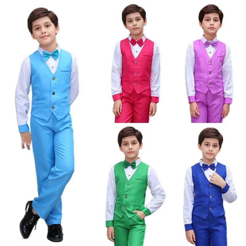 Boys' Small Suit, Vest Set, Big Children's Strap Pants, Performance Dress, Wedding Piano Performance