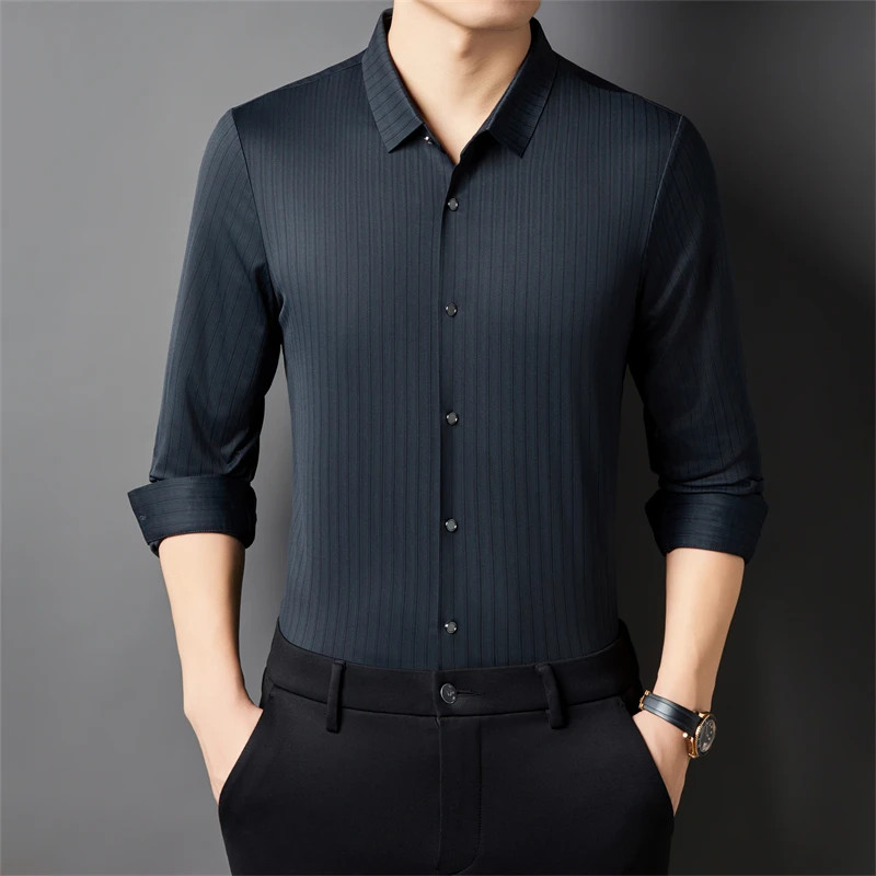 Polyamide Spandex Luxury Shirts For Men Long Sleeve Striped Elastic Spring Quality Smooth Comfortable Seamless Camisas De Hombre
