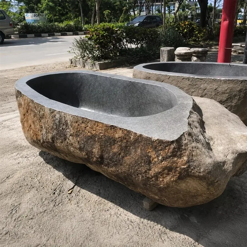 Natural Stone River Granite Oval Bathtub Hand Carved Soaking Tub Freestanding Bathroom Vessel Rustic Garden Custom