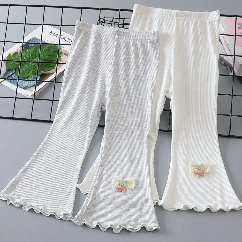 Girls Summer Casual Pants Babys Korean Version Nine Cent Black Fungus Edge Bow Bell Bottom Pants