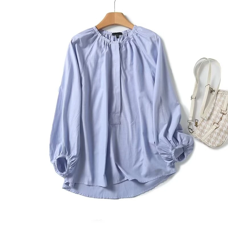 Maxdutti Nordic Minimalist Lake Blue Loose Fitting Tops Shirt Women Casual Long Sleeve Pleated Blouse Women